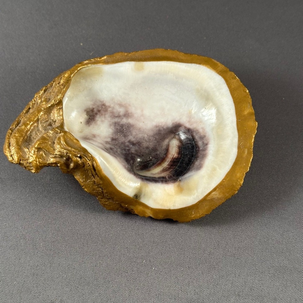 Gold Tone Painted Oyster Shell Trinket Dish Ring Jewelry Holder Coastal Decor